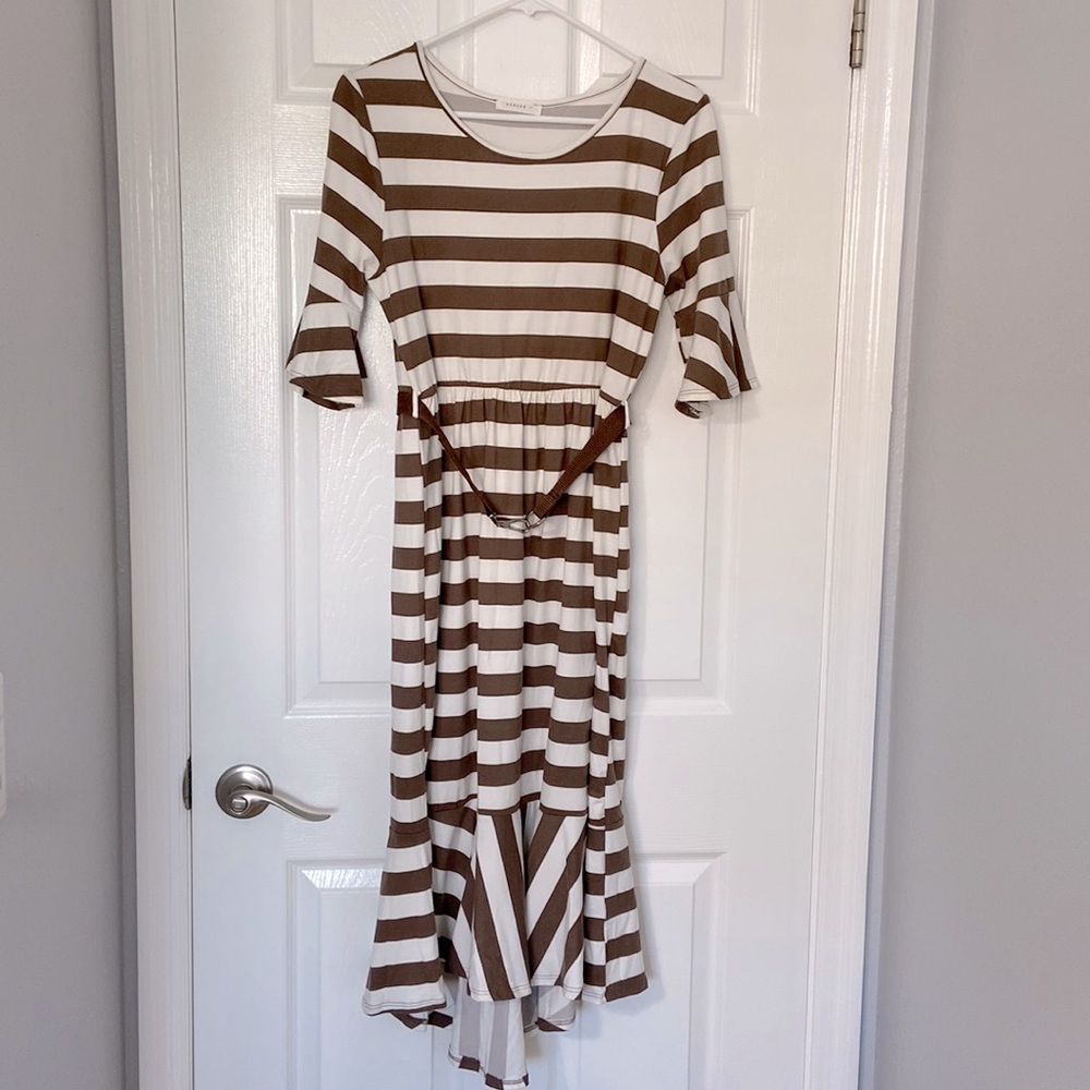 Reborn J brown and white striped dress with belt